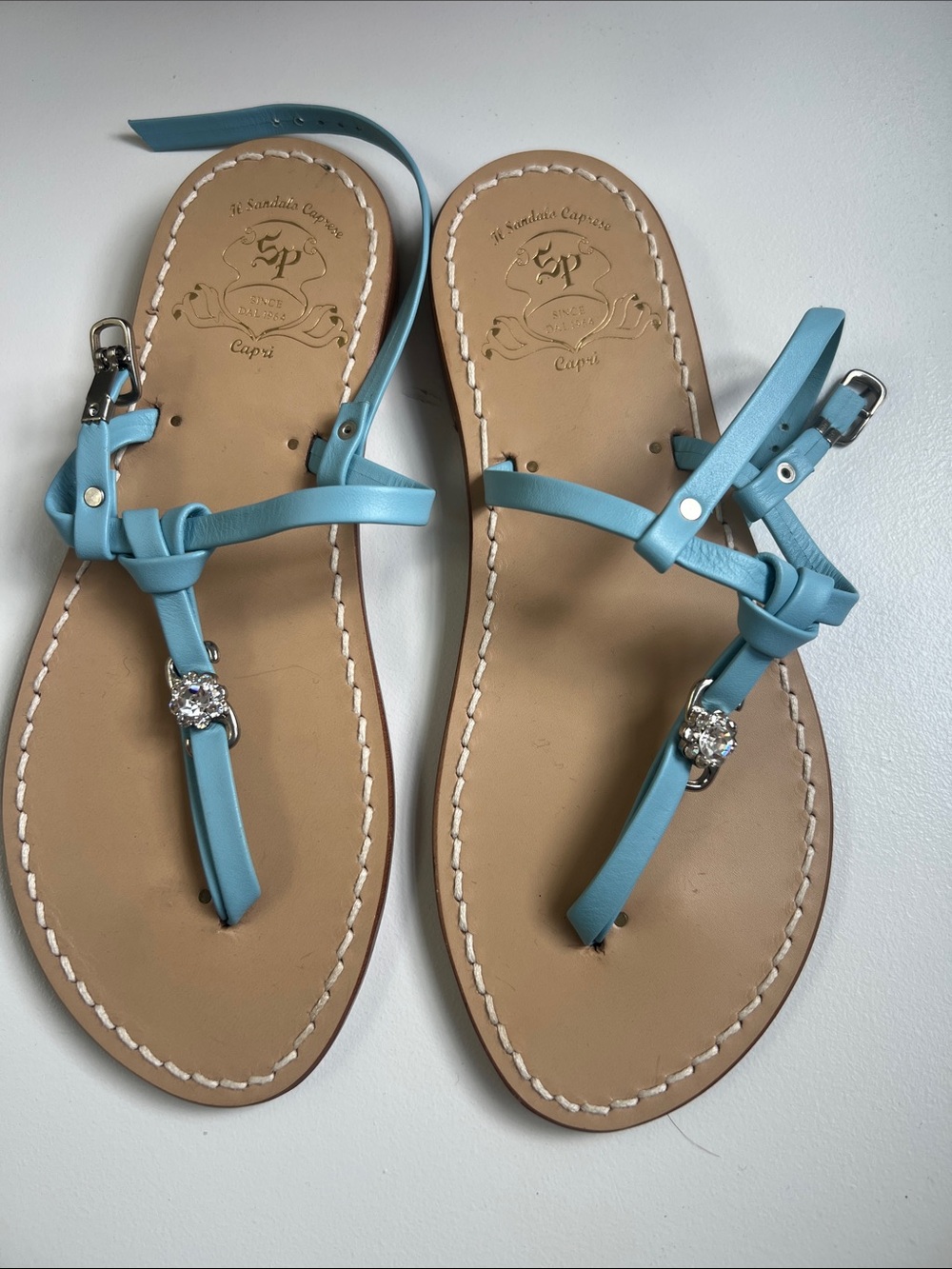 Capri Crystal T-Strap Sandals in Light Blue